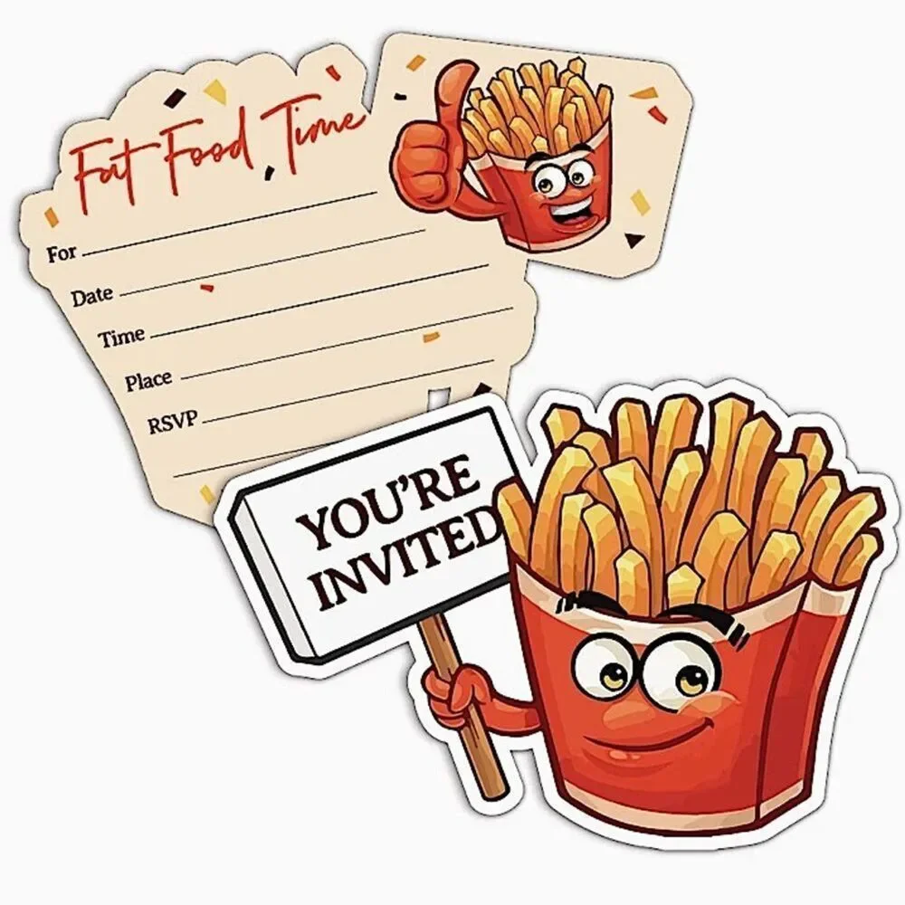Birthday Party Invitation Cards with Envelopes Fries Shaped Junk Food Set of 15